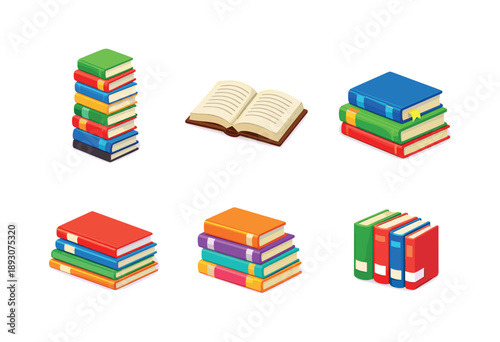 Isometric Library Icons. Library books. Isometric flat vector icons set of library books: tall book stack, open book with pages, reference books pile, stacked