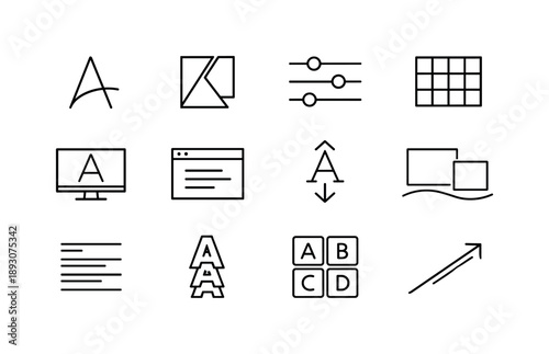 Modern Font Icons. Modern Fonts. Line icon set of Modern Fonts: minimalist letter A, geometric type shape, variable font slider, clean grid layout, digital