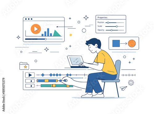 Motion Graphics Workflow. TV graphics and visual effects ? motion graphics workflow. Designer arranging layers, timelines, and animated elements, focused on