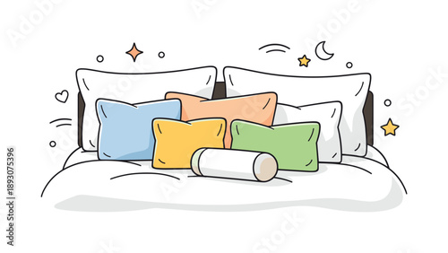 Cozy Pillow Haven. Bed with extra pillows. A cozy bedroom scene showing multiple pillows arranged neatly, emphasizing comfort and relaxation. Warm, peaceful,