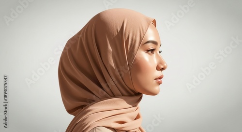 Minimalist Profile Portrait of a Serene Hijabi Woman Wearing a Soft Peach Scarf