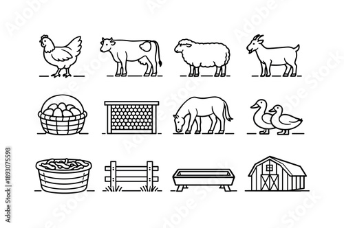 Sustainable Farming Icons. Eco farming. Line icon set of sustainable livestock elements: free-range chicken, grass-fed cow, pasture sheep, open-field goat,