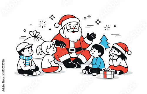 Festive Santa Gathering. Santa Claus with children. Santa sitting with children gathered around, listening attentively. Warm festive atmosphere and gentle