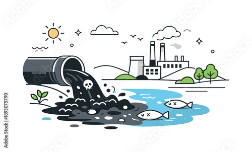 Industrial Water Pollution. Water contamination. An industrial pipe releasing polluted water into a river, simplified landscape with muted tones. The