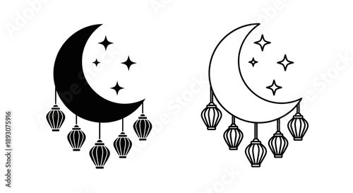 Moon crescent lanterns night sky stars Vector