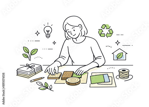 Eco-Friendly Design Trends. Inspirational design with ecology materials trend. A designer arranging eco-friendly materials like wood, recycled paper, and