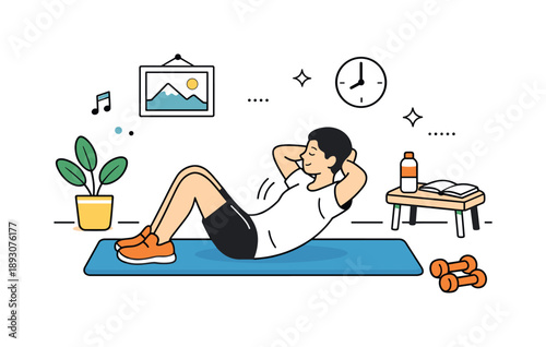 Home Workout Bliss. Home workout. A person exercising on a mat at home, following a simple routine with calm focus. The scene shows healthy habits and everyday