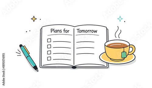 Calm Daily Ritual. Setting intentions for the next day ? quiet routine. Simple scene of a desk with planner, pen, and cup of tea, representing a calm daily