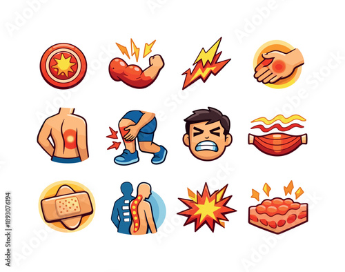 Body Discomfort Icons. Body Discomfort. Colorful isometric vector icons set of Body Discomfort: ache indicator, tense muscles, shooting pain line, tender area