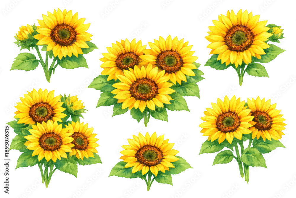 Fototapeta premium Vibrant sunflowers offering beauty and growth, hand-painted art creating a cheerful and natural aesthetic, individual elements