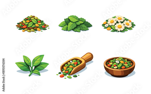 Herbal Tea Icons. Herbal Tea Leaves. Isometric flat vector icons set of Herbal Tea Leaves: loose herbal tea pile, dried mint leaves, chamomile flowers blend,
