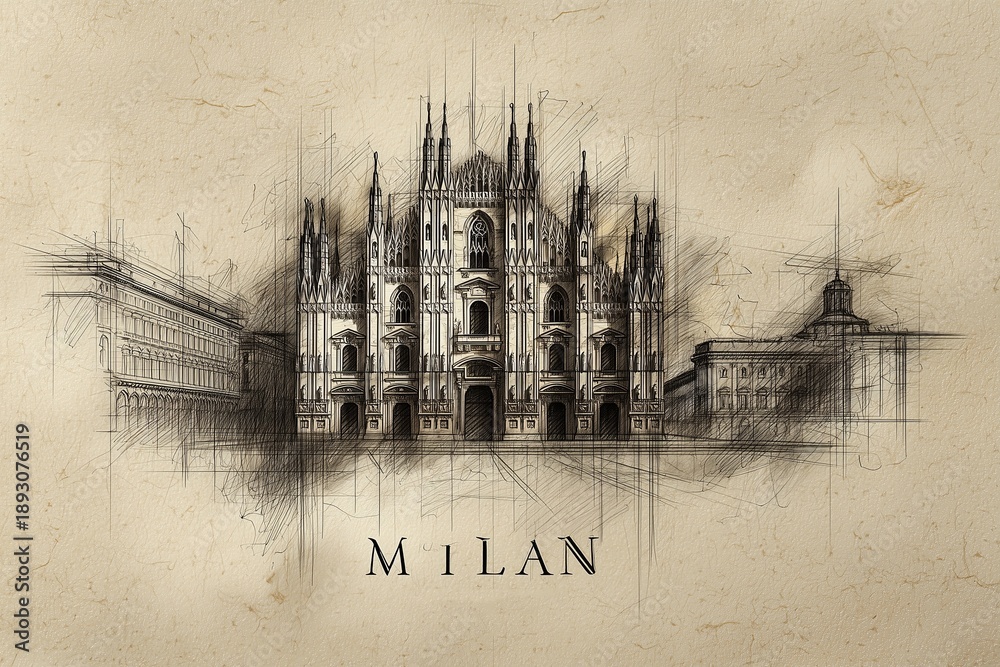 Fototapeta premium Artistic sketch showcases Milan iconic architecture, historic classical buildings. Grunge, rustic vintage, background adds a traditional, timeless touch to the illustration.