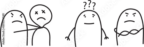 Simple doodle characters in three situations: fighting with a colleague, confused and serious with crossed arms
