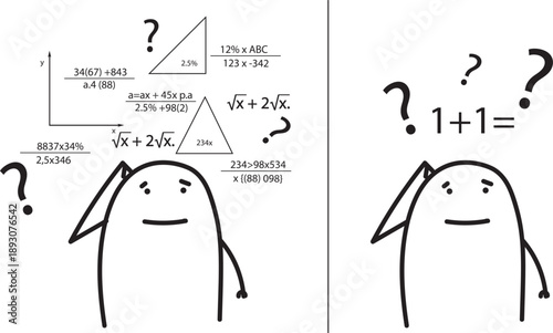 Minimalist doodle characters with math doubts, difficult and easy calculations