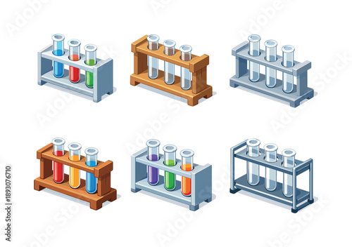 Colorful Test Tube Grid. Test Tubes Rack. Isometric flat vector icons set of Test Tubes Rack: laboratory test tube rack, glass test tubes with liquid, wooden