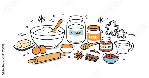 Winter Baking Essentials. Winter baking setup. A simple scene of baking ingredients prepared on a clean surface, including spices and dry goods for seasonal