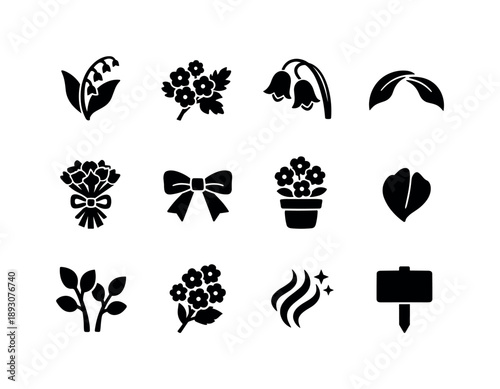 May Flower Icons. May birth flowers. Solid icon set of May birth flowers: lily of the valley, hawthorn, bell bloom, leaf arc, bouquet tie, ribbon icon, potted