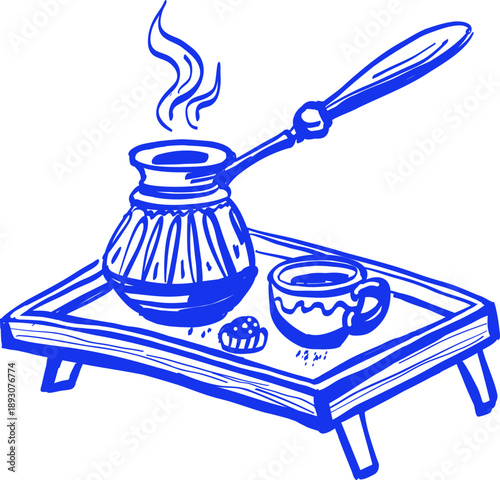 Hand drawn blue line sketch illustration of a traditional Turkish coffee pot cezve with hot coffee on a small serving tray, cup and dessert. Minimalist outline style. 