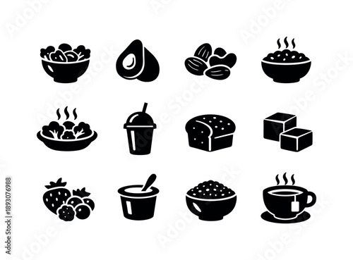 Healthy Food Icons. Healthy food. Solid icon set of healthy food: salad bowl, avocado, nuts, oatmeal bowl, steamed veggies, smoothie cup, whole grain bread,