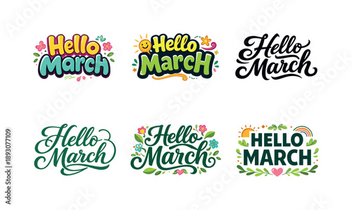 Creative March Lettering. Hello March lettering. Set lettering. harmonious lettering variations of the same emblematic concept, each with different artistic