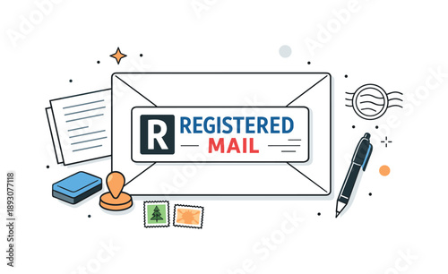 Registered Mail Label. Registered mail label. Simple sticker attached to an envelope, sense of reliability and official delivery. Minimal postal scene with