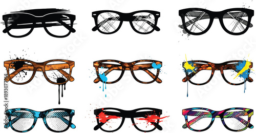 Colorful glasses with paint splatters and different patterns eyeglasses spectacles sunglasses