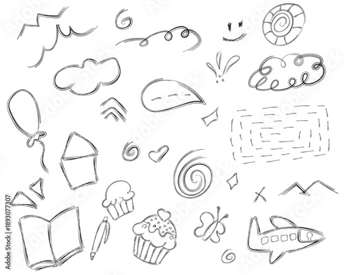 A collection of various food and dessert items illustrated in a sketchy style