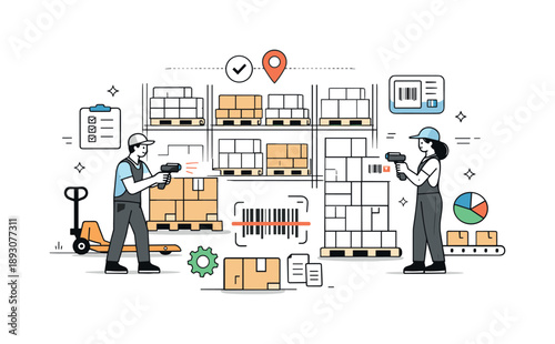 Efficient Warehouse Management. Factory warehouse inventory management. A wide view of a warehouse with shelves, pallets, and workers scanning barcodes to