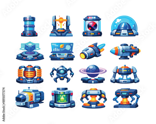 Intergalactic Tech Icons. Intergalactic Technology. Colorful flat vector icons set of Intergalactic Technology: warp cores, energy stabilizers, antimatter
