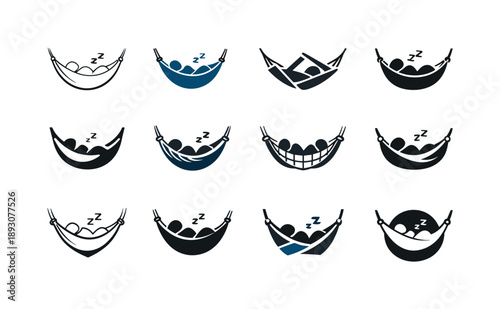 Hammock Sleep Icons. A person drifting off to sleep in a hammock. Icon set. Set Logo of a person drifting off to sleep in a hammock: hammock hanging ropes