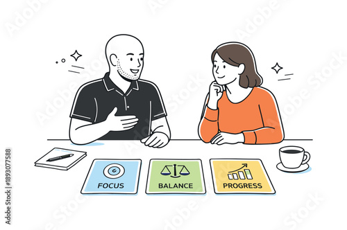 Coaching Values Scene. Coaching philosophy values. A clean conceptual scene with value cards like focus, balance, and progress laid out on a table, a coach and