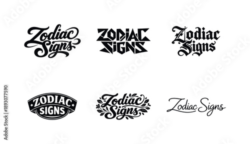 Zodiac Signs Lettering. Astrology zodiac signs lettering. Set lettering. harmonious lettering variations of the same emblematic concept, each with different