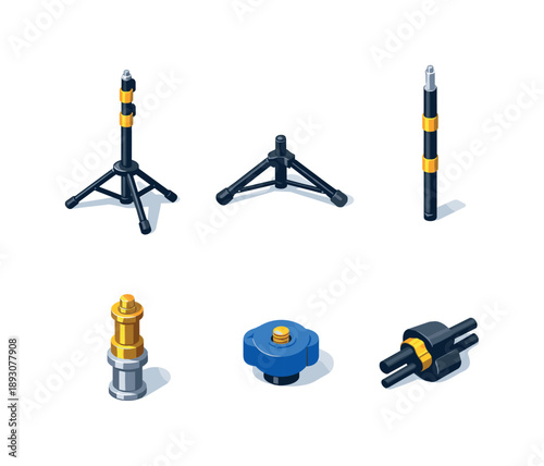 Studio Light Icons. Studio Light Stand. Isometric flat vector icons set of Studio Light Stand: adjustable light stand, tripod base, telescopic pole, mounting