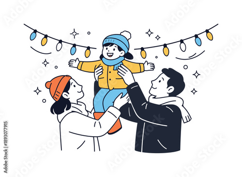 Joyful Holiday Lights. Family looking at holiday lights together. Adults lifting a child to see lights higher up, gentle smiles and quiet interaction. Care,