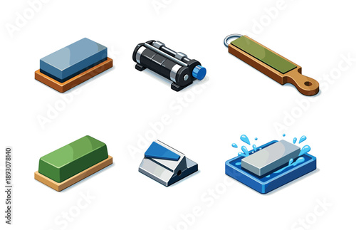 Sharpening Tools Icons. Sharpening. Isometric flat vector icons set of Sharpening: whetstone block, sharpening guide jig, honing strop strap, polishing