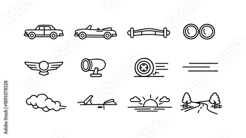 Classic Car Icon Set. Classic car exterior driving. Line icon set of Classic car exterior driving: vintage sedan, convertible car, chrome bumper, round