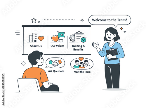 New Hire Orientation. Employee onboarding orientation. New hire listening to a short introduction with icons and simple slides on a screen, attentive and