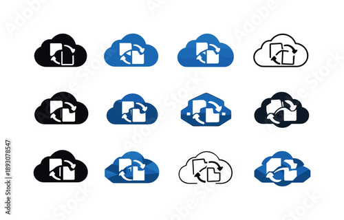 Remote Work Icons. Remote work productivity tips. Icon set. Set Logo of remote work productivity tips: cloud sync files. harmonious logo variations of the same