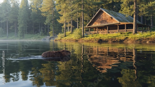 A beaver swims through calm lake waters near wooden cabin. The wooden cabin stands on grassy shore with tall trees reflecting in the calm lake waters.
