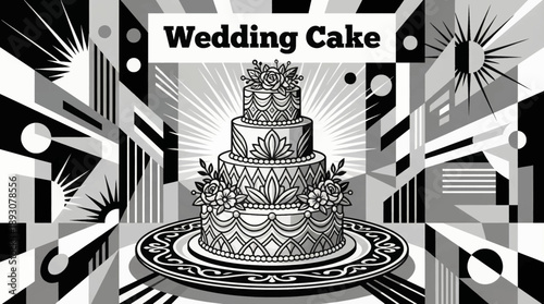 multi tier wedding cake detailed monochrome vector illustration, suitable for event branding, invitations, and elegant dessert visuals