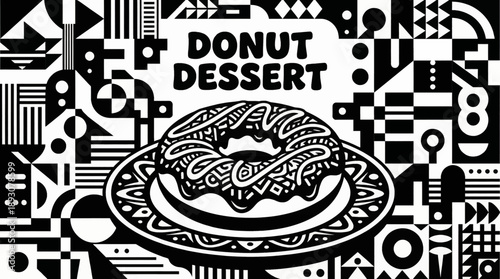 donut with icing detail monochrome vector illustration, ideal for bakery branding and fast food menu graphics