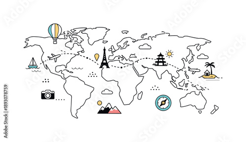 World Map Exploration. World map travel concept. A flat world map combined with small icons like airplanes, routes, and landmarks, representing exploration and