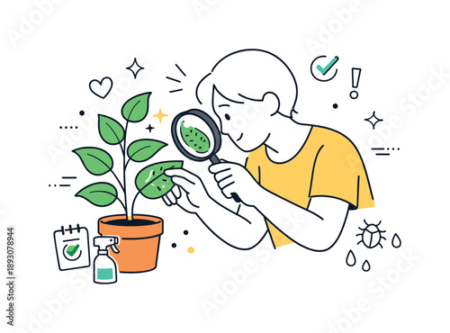 Plant Monitoring Essentials. Plant health tips. A person examining plant leaves with a magnifying glass, noticing small spots and details. The scene conveys