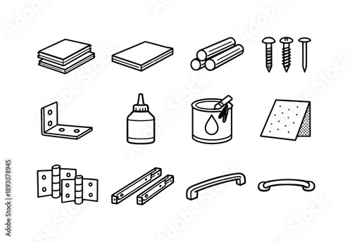 Furniture Making Icons. Furniture making materials. Line icon set of Furniture making materials: wood boards, plywood sheet, dowels, screws, nails, brackets,