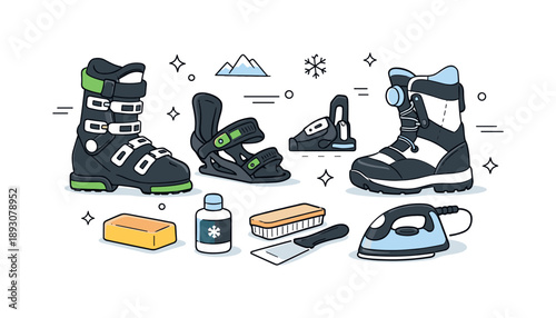 Ski Equipment Illustration. Ski and snowboard elements. Close-up view of boots, bindings and wax tools, calm focused atmosphere of equipment care and