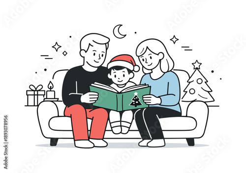 Cozy Christmas Storytime. Parents reading Christmas story. Parents sitting with a child on a sofa reading a storybook, calm voices and cozy holiday atmosphere.