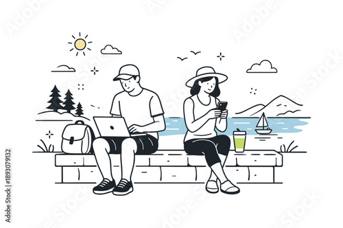 Digital Nomads' Serenity. Working while exploring. A calm moment of digital nomads seated on a bench or ledge, scenic background and subtle device use. Scene