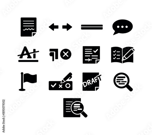 Manuscript Annotation Icons. Manuscript annotation. Solid icon set of Manuscript annotation: handwritten note, margin arrows, highlight strip, comment icon,