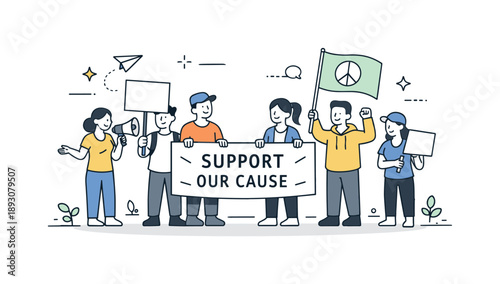 Peaceful Protest Gathering. Protest or rally gathering. Small group meeting in an open public space with banners and flags, organized action and respectful