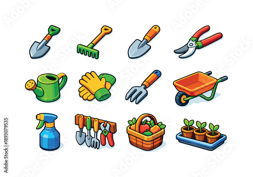 Colorful Garden Tools Icons. Garden Tools. Colorful isometric vector icons set of Garden Tools: spade, rake, trowel, pruners, watering can, gloves, garden